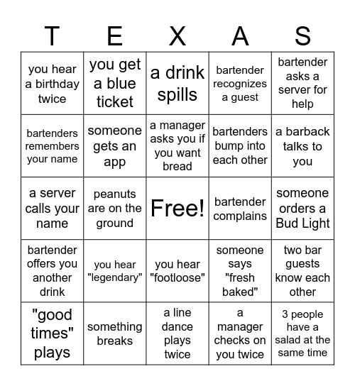 Texas Roadhouse Bar Bingo! Bingo Card