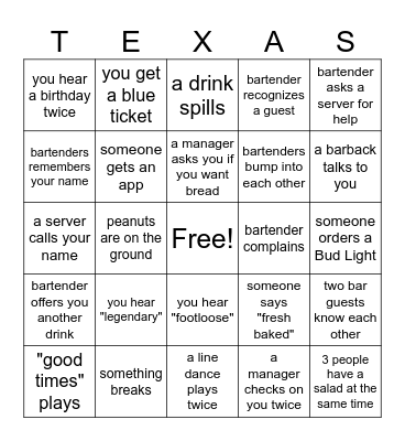Texas Roadhouse Bar Bingo! Bingo Card