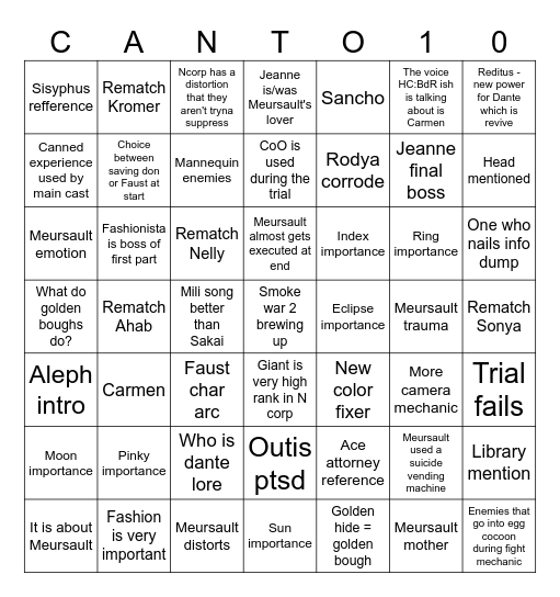 Limbus Canto 10 PUNCTUM Bingo Card