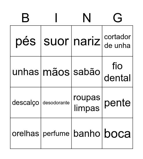 Higiene pessoal Bingo Card
