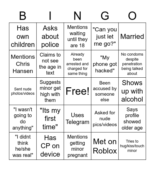 PEDO BINGO Card