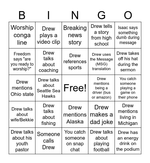 Youth Group Bingo Card