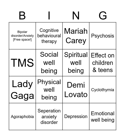 Anxiety & Bipolar Disorder Bingo Card