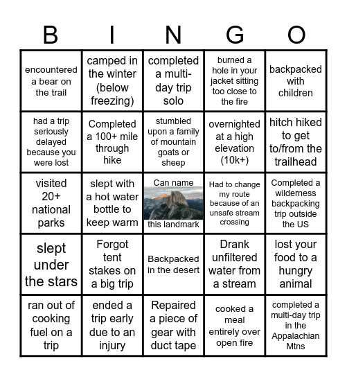 Backpacker Bingo Card