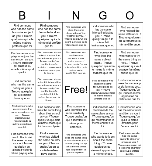 🇫🇷🇦🇺 International Exchange Bingo / Bingo de l’échange international Bingo Card