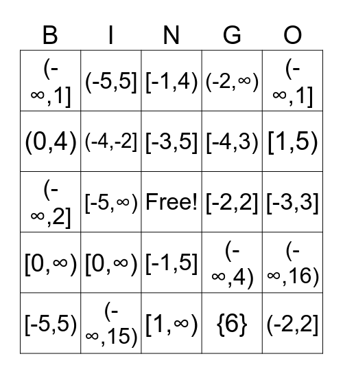 Domain and Range Bingo Card