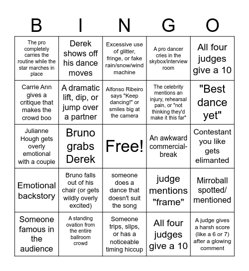 Dancing with the stars Bingo Card
