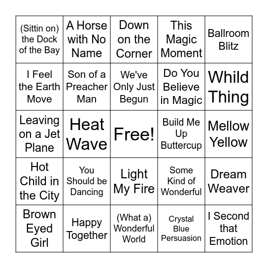 60s and 70s - Songs Bingo Card
