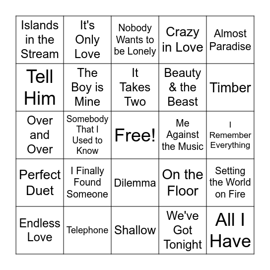 Duets - Songs Bingo Card