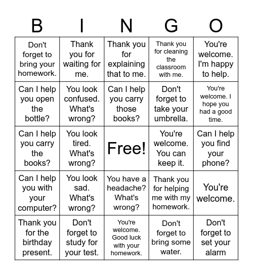 Lesson 2 and 4 review Bingo Card