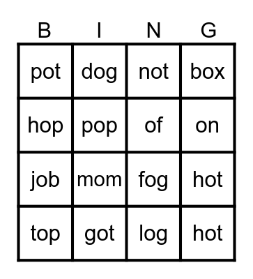 Short o Bingo Card