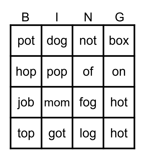 Short o Bingo Card