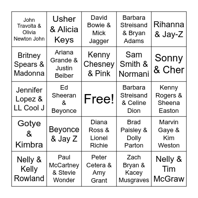 Duets - Songs Bingo Card