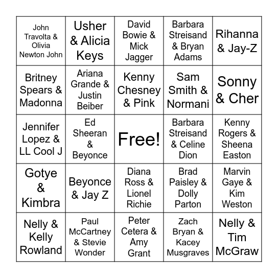 Duets - Songs Bingo Card