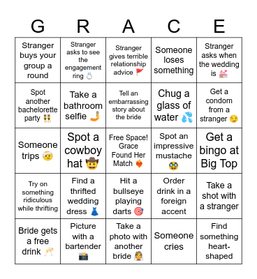 Bachelorette Party Bingo Card
