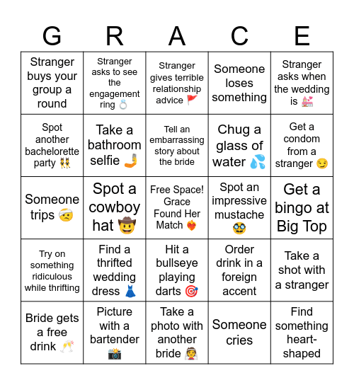 Bachelorette Party Bingo Card