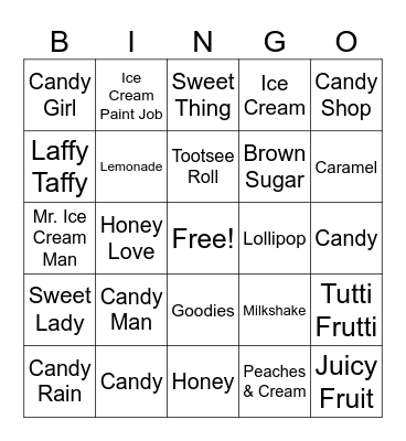 Songs About Candy/Sweets Bingo Card