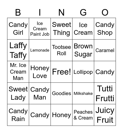 Songs About Candy/Sweets Bingo Card