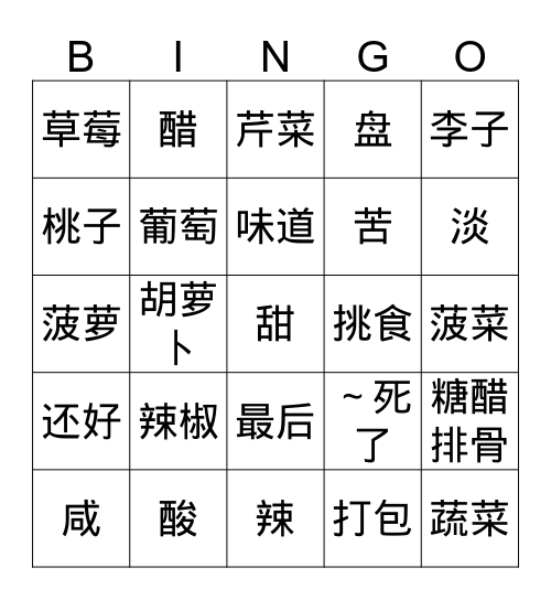 我带糖醋排骨 Bingo Card