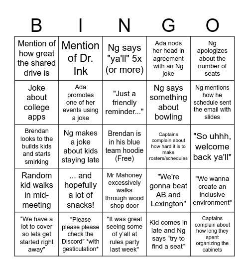 South Returning Members Meeting Bingo Card