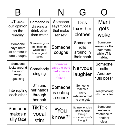 Performance Studies Bingo Card