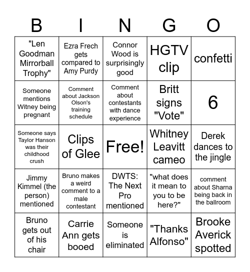 Dancing With The Stars Premiere Bingo Card