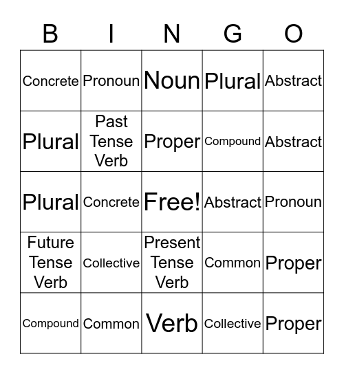 Noun and Verb Bingo Card