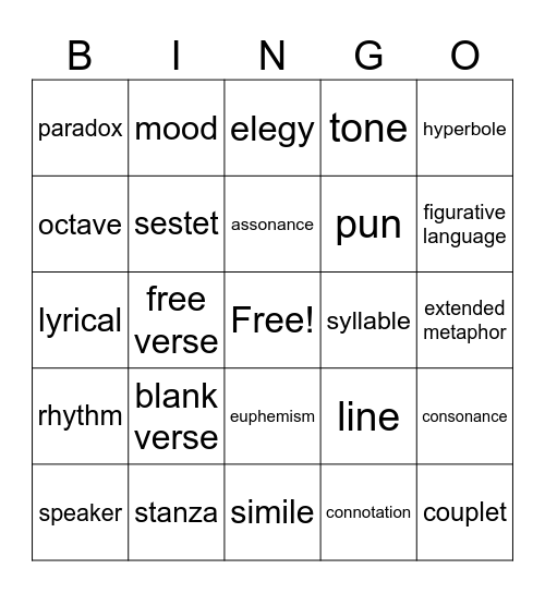 Terms in Poetry Unit Bingo Card