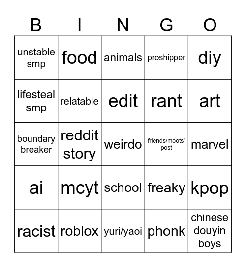 tiktok fyp bingo Card