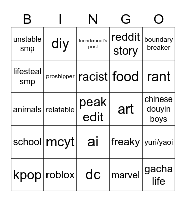 tiktok fyp bingo Card