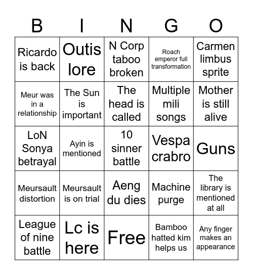 Canto X bingo card Bingo Card