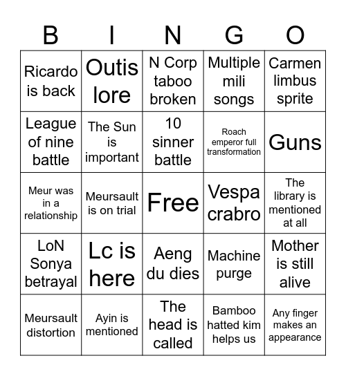 Canto X bingo card Bingo Card