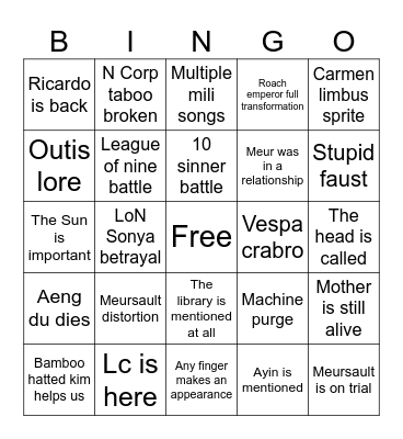 Canto X bingo card Bingo Card