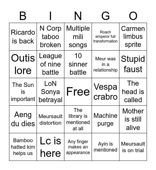 Canto X bingo card Bingo Card