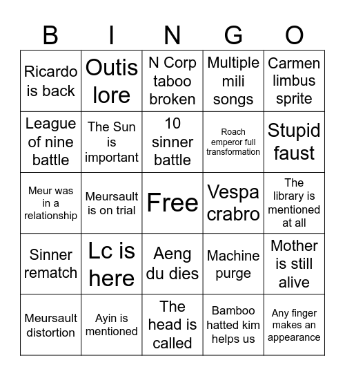 Canto X bingo card Bingo Card