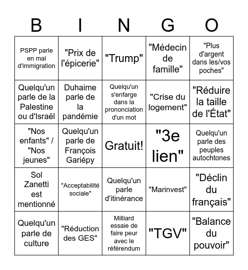 Débat des chefs 2026 Bingo Card