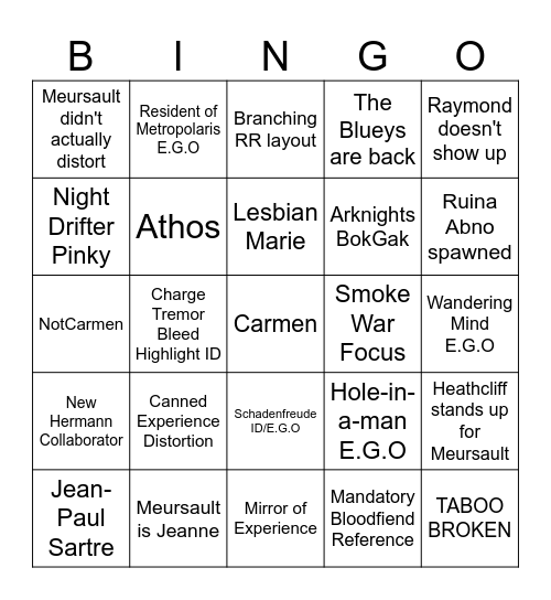 Canto X Bingo Card