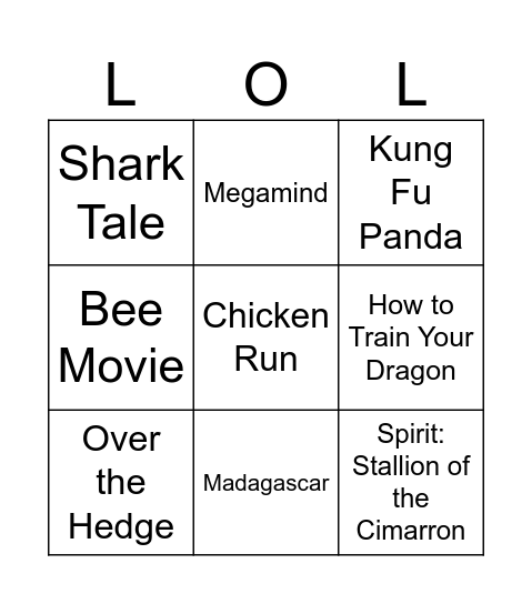 DreamWorks Bingo Card