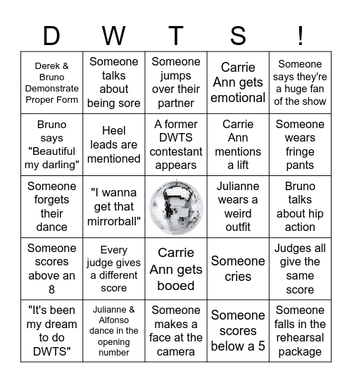 DWTS Season 35 Premiere Bingo Card