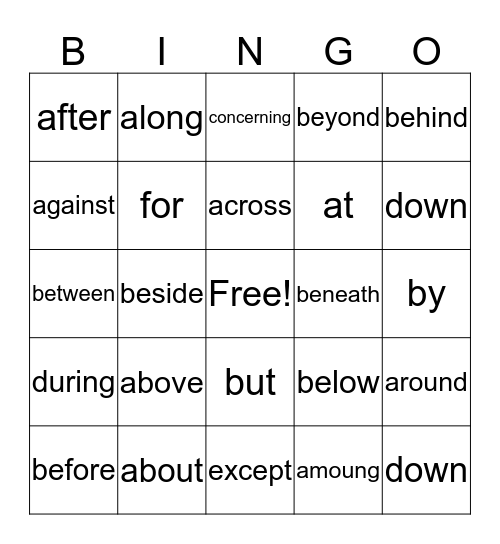 prepositions Bingo Card