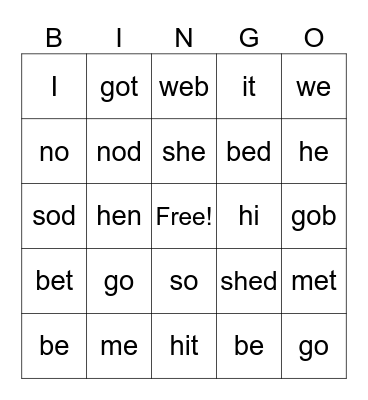 Vocabulary Bingo Card