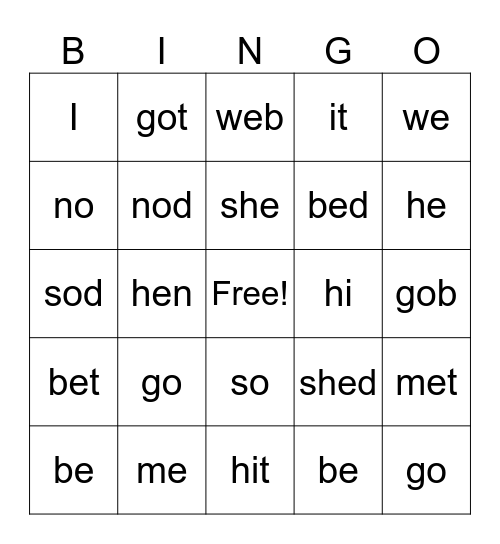 Vocabulary Bingo Card