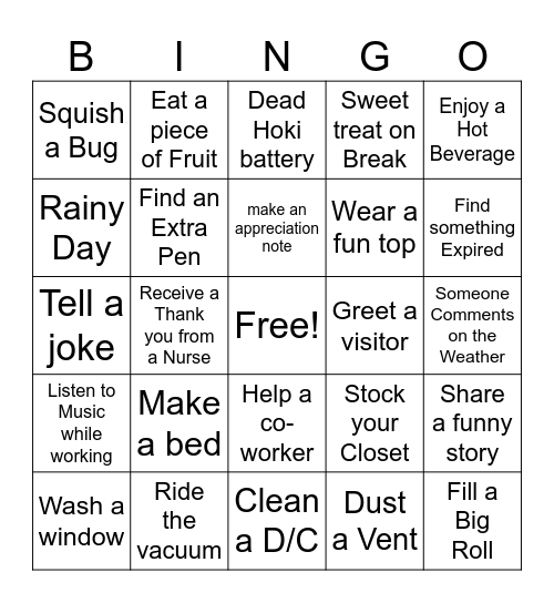 Hospital Housekeeping Appreciation Bingo Card