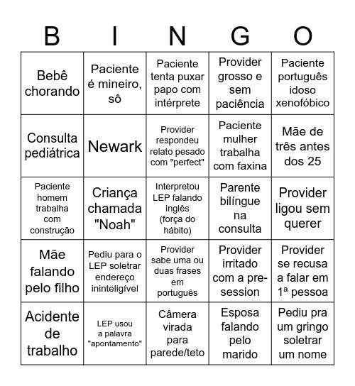Bingo intérprete OPI/VRI português-inglês Bingo Card