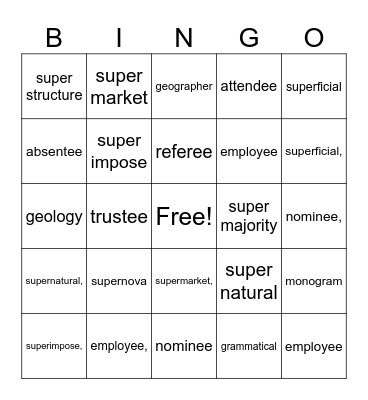 Prefix SUPER and suffix EE Bingo Card