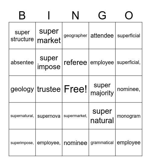 Prefix SUPER and suffix EE Bingo Card