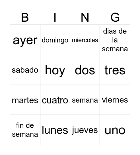 dias de la semana Bingo Card