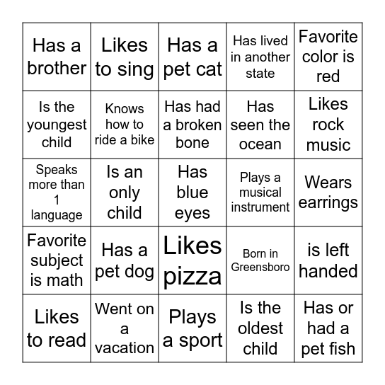 The Getting To Know You Scavenger Hunt Bingo Card