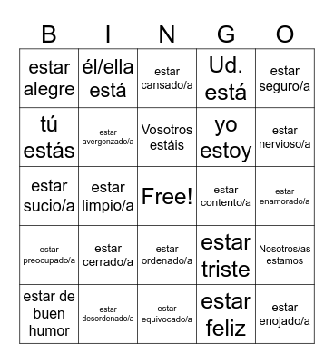 Estar + Conditions/Emotions Bingo Card