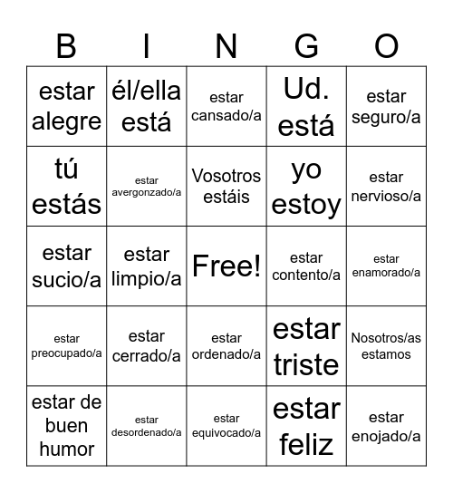 Estar + Conditions/Emotions Bingo Card